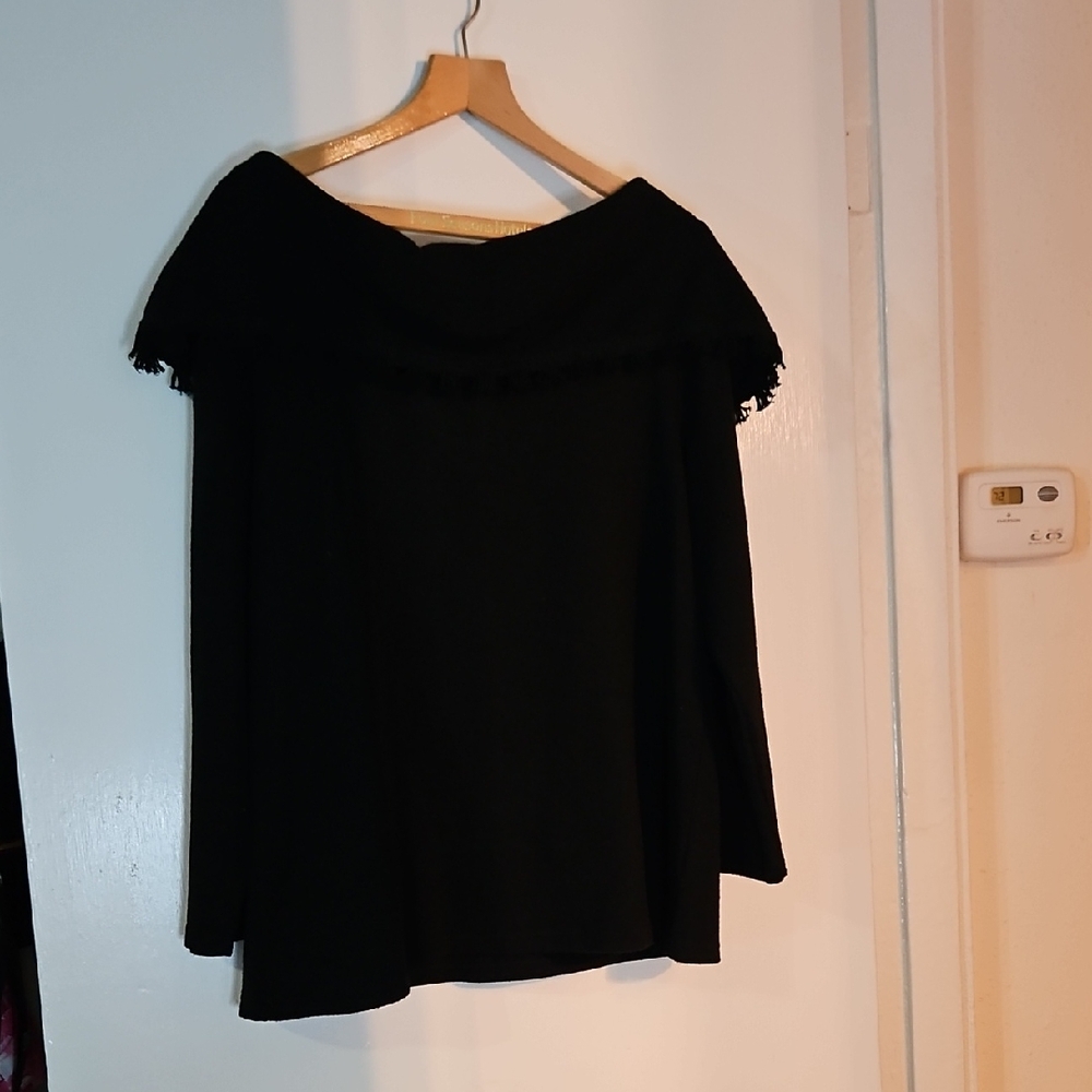 dressbarn Black Off-Shoulder Fringe Trim Tunic